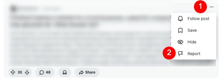Steps for reporting a subreddit post to Reddit admins.