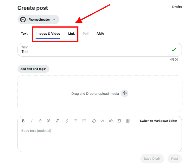 Adding extra media to a Reddit post.