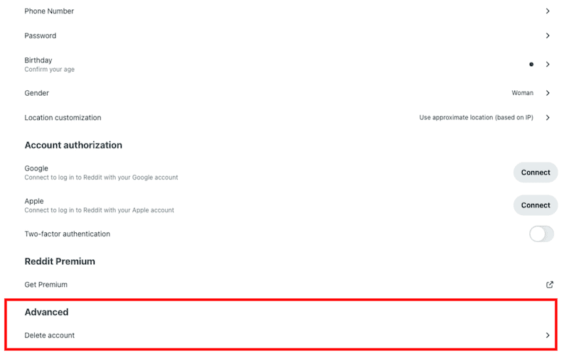 The Delete Account link on Reddit.
