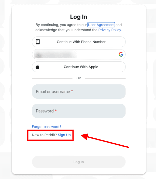 The Reddit sign up link.