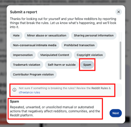 Steps for reporting a subreddit post to Reddit admins.