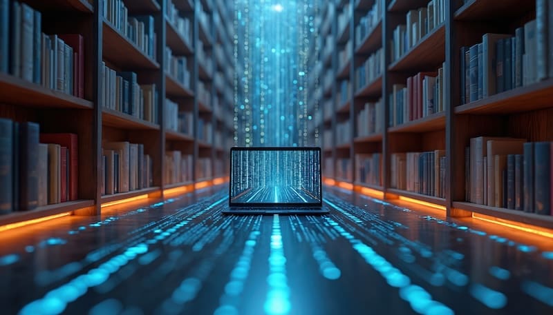 Futuristic digital library with books, laptop. Binary code flows across bookshelves, data visualization, AI-powered information search. Modern tech, virtual reality cyberspace concepts.