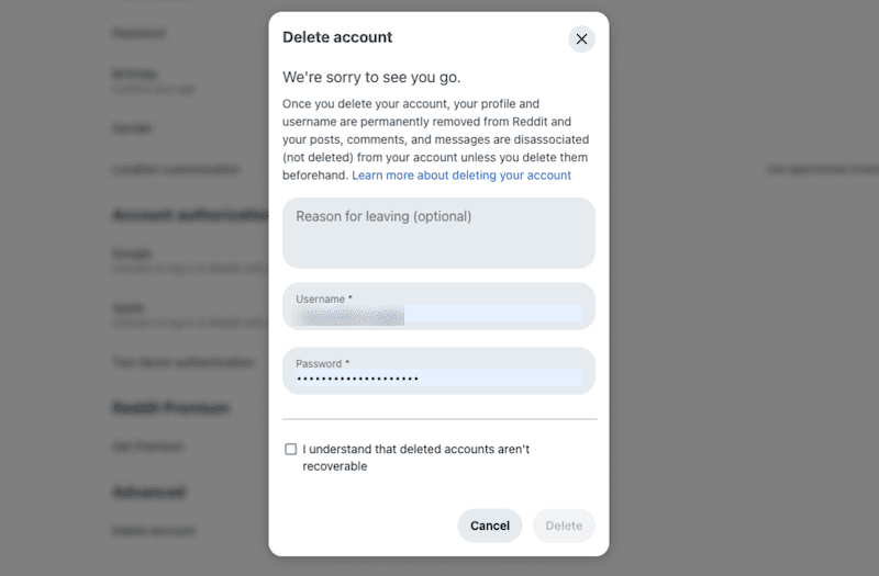 The Delete Account form on Reddit.