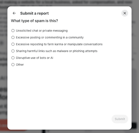 Steps for reporting a subreddit post to Reddit admins.