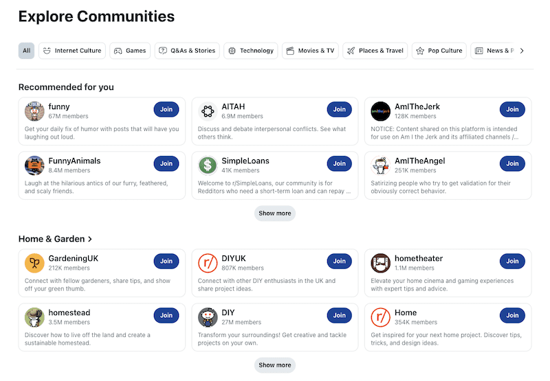 The Explore page with subreddits.