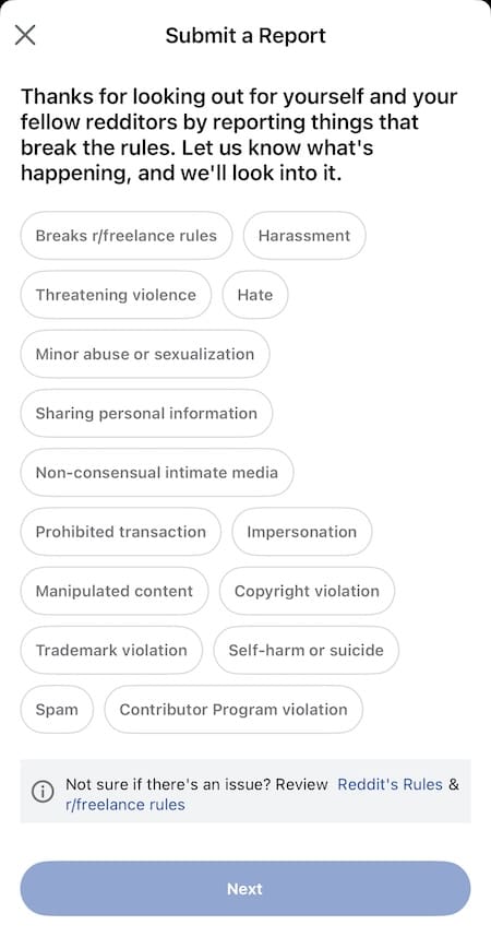 Steps for reporting a subreddit post to Reddit admins.