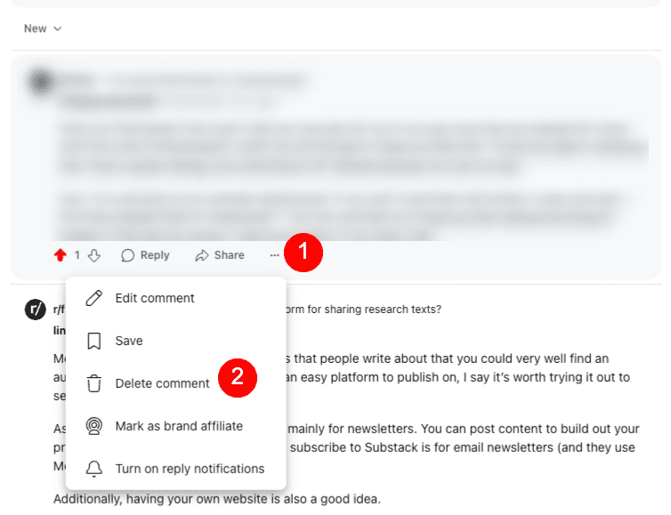 Steps to delete a Reddit comment.