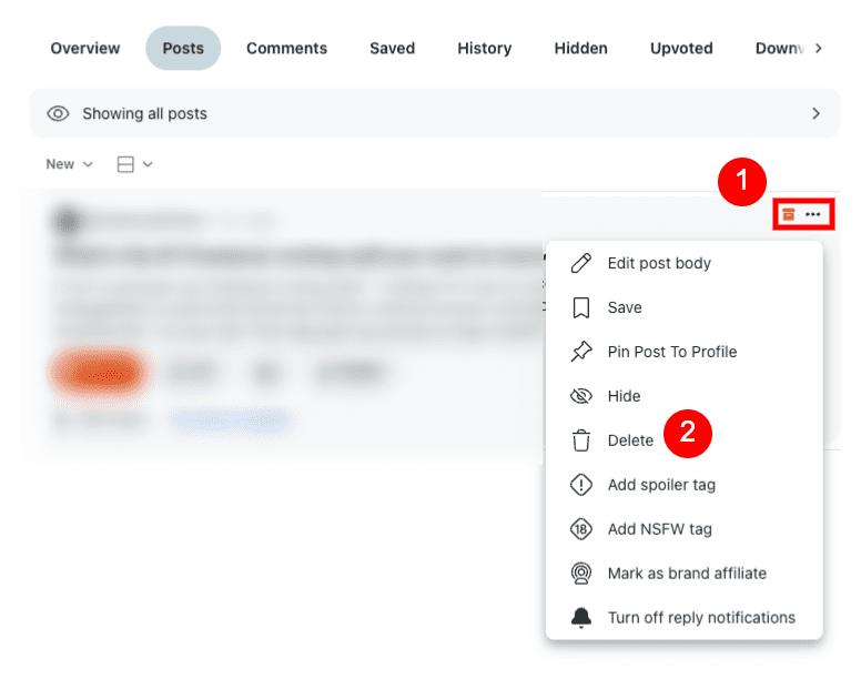 Delete option for Reddit posts.