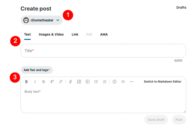 Sections to fill out on the new post form.