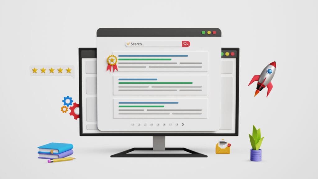 3D illustration of a computer screen displaying a search engine results page. Surrounding elements include books, gears, a plant, a flying rocket, an envelope, and a star rating chat bubble, symbolizing technology and online exploration.