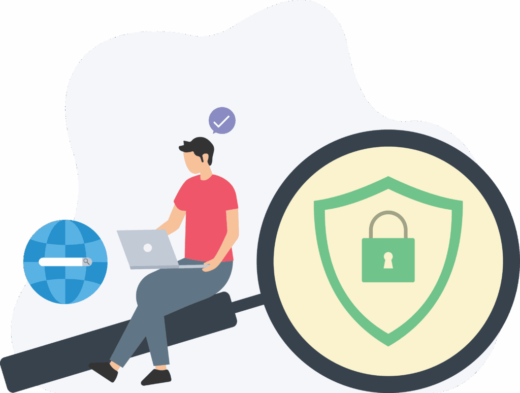 A person using a laptop sits on a large magnifying glass, next to a globe icon and a shield with a padlock, symbolizing online privacy and cybersecurity.