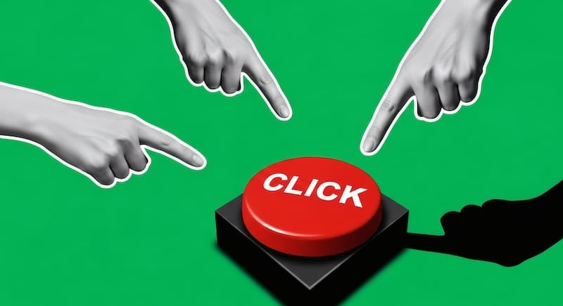 Hands pointing at a red "Click" button.