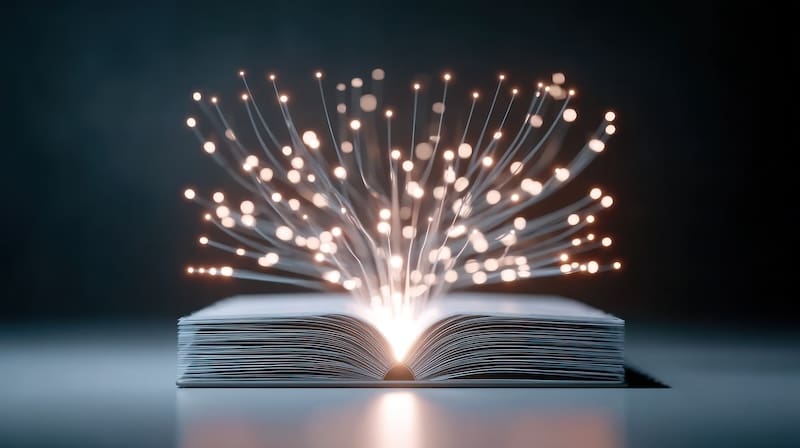 An open book with light emanating from it. Represents knowledge, information, or education. Ideal for education, technology or library concepts.