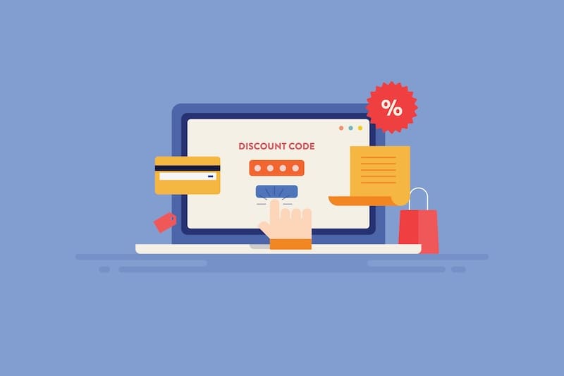 An illustration with a laptop showing a discount code, percentage off and credit card.