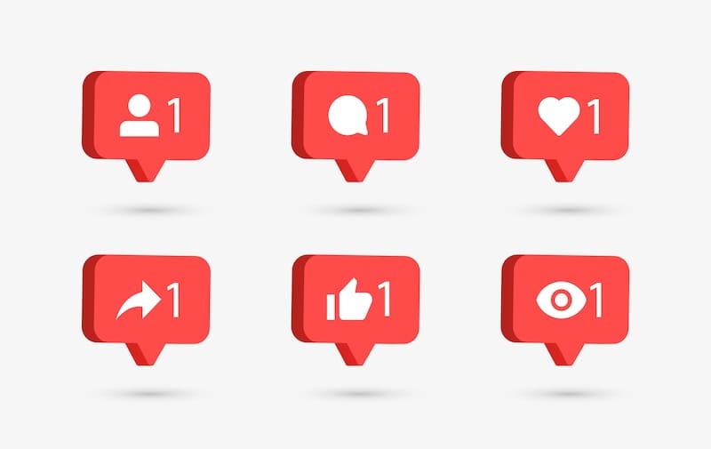 A set of six red social media notification icons on a gray background, including symbols for like, comment, remove, share, follower, and mentioned.