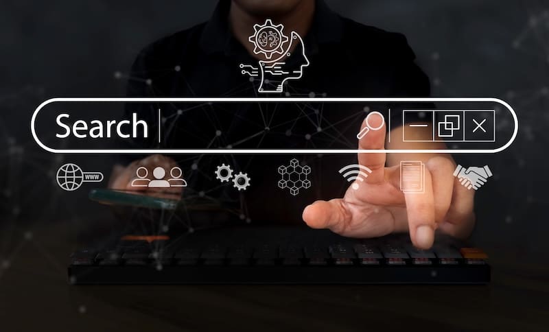 Man touch AI, SEO icon on websites to rank search engines. Search with Ai assistant, search on virtual screen. Artificial Intelligence data technology. SEO Search Engine Optimization concept.