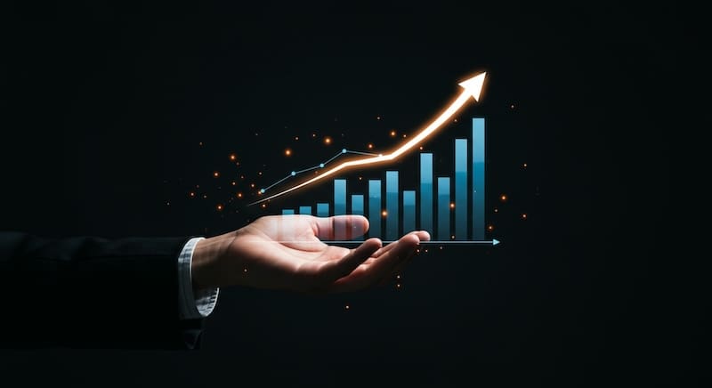 Hand underneath a graph with improving statistics and an upward arrow.