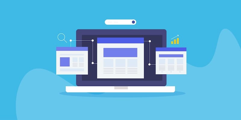 Illustration of a laptop with website interface elements displayed on the screen, surrounded by floating windows, graphs, and icons, representing web design or website development on a blue background.