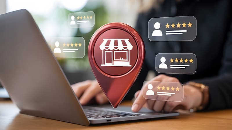 A person is typing on a laptop, and above it are icons that show customer reviews and a location market with a building inside.