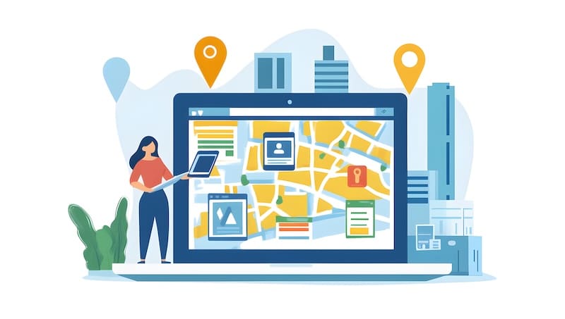 An illustration of a person on a tablet standing next to a computer screen with various types of location building icons on it.