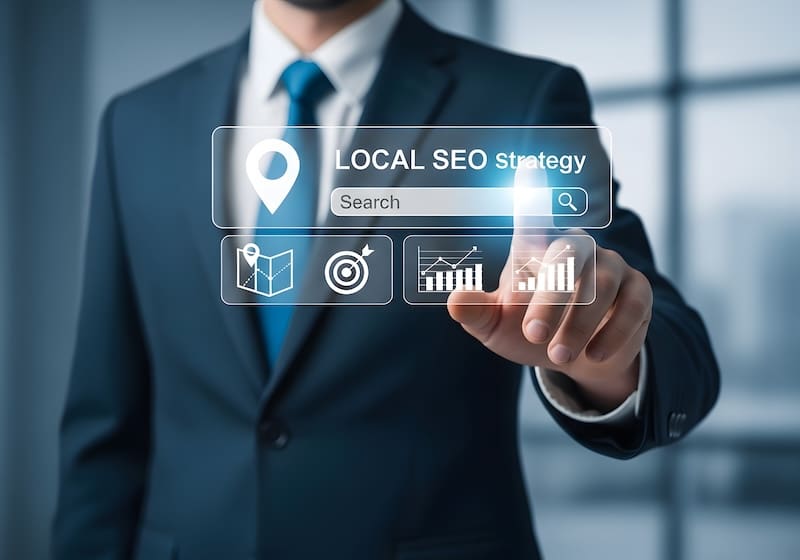 A businessman touches a screen that says "local SEO" and has various icons that represent different aspects of a local SEO strategy.