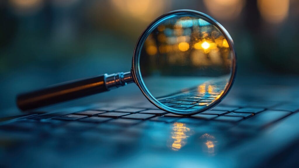 A magnifying glass is on top of the keyboard of a laptop.