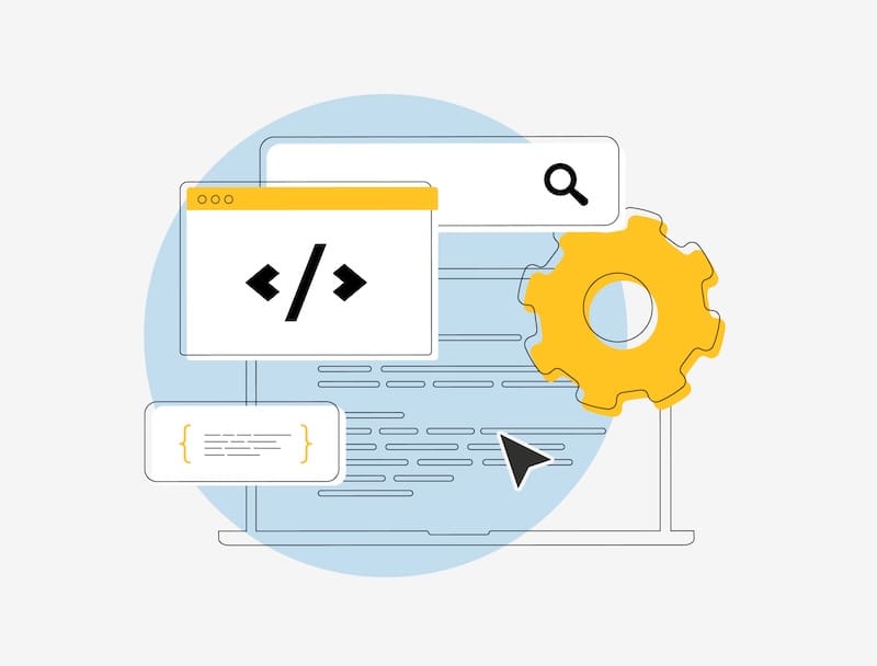 Illustration of a laptop with code on the screen, a window showing code brackets, a yellow gear, a search bar, and a cursor, representing software development and programming concepts.