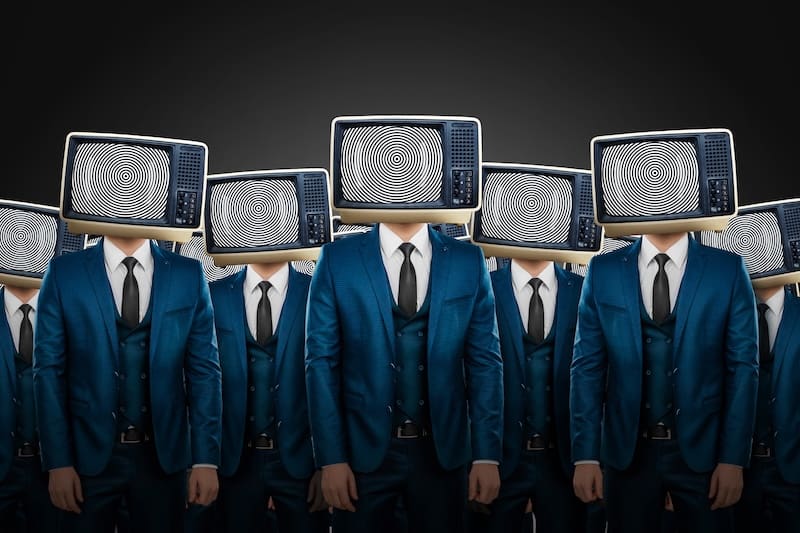 People in suits with TVs as their heads.