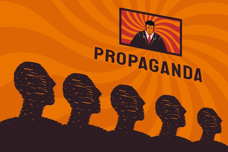 A stylized crowd of people looks at the TV screen, a symbol of propaganda in a totalitarian state. Zombification of citizens, the stupidity of the nation.