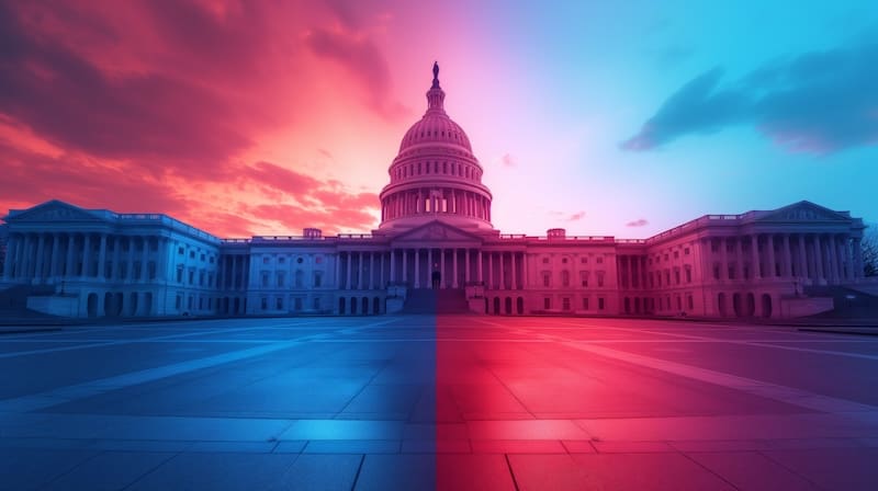 The U.S. Capitol building is shown at sunset, with the image divided vertically; the left half is tinted red and the right half blue, symbolizing political division.