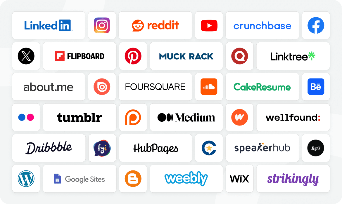 A grid displaying logos of various social and professional networking sites, including LinkedIn, Instagram, Reddit, YouTube, Crunchbase, Tumblr, Medium, Dribbble, WordPress, Wix, and others.