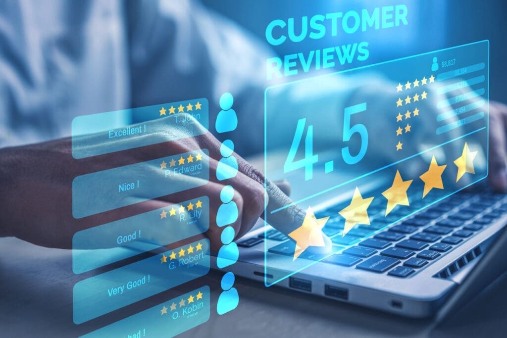 A computer displaying an overview of a company's online review portfolio.