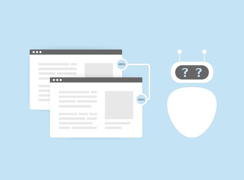 Illustration of two web browser windows connected to a robot with question marks on its face, representing artificial intelligence or a chatbot analyzing or comparing online information. Light blue background.