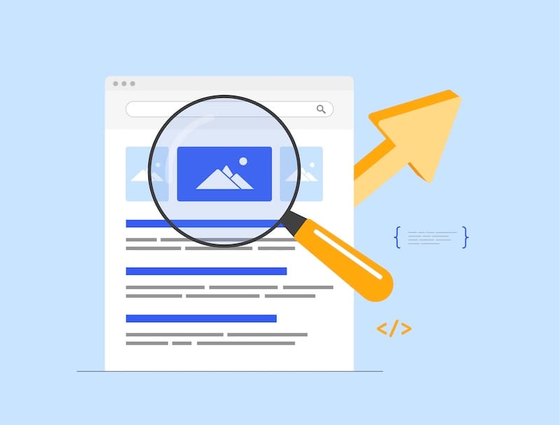 A web page with search results is shown. A large magnifying glass highlights an image icon, and a yellow upward arrow points to it, representing image search or visual content optimization.
