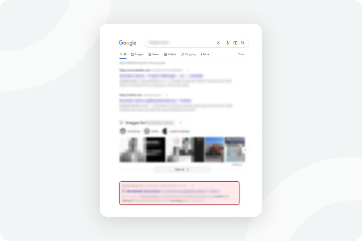 A blurred screenshot of a Google search results page, with the bottom section highlighted in red. The search bar and results are partially visible, but no specific text or details can be read.