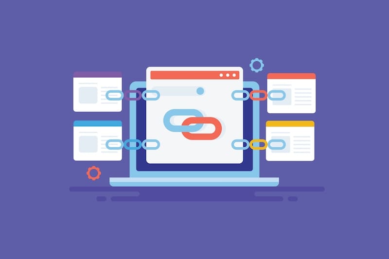 Illustration of a laptop with a browser window displaying two interlinked chains, surrounded by smaller web pages connected by chains, representing website backlinking on a purple background.