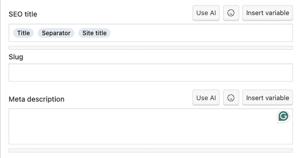 A web interface shows fields for SEO title, slug, and meta description, with options to use AI or insert variables. Title, separator, and site title buttons are visible above the SEO title field.