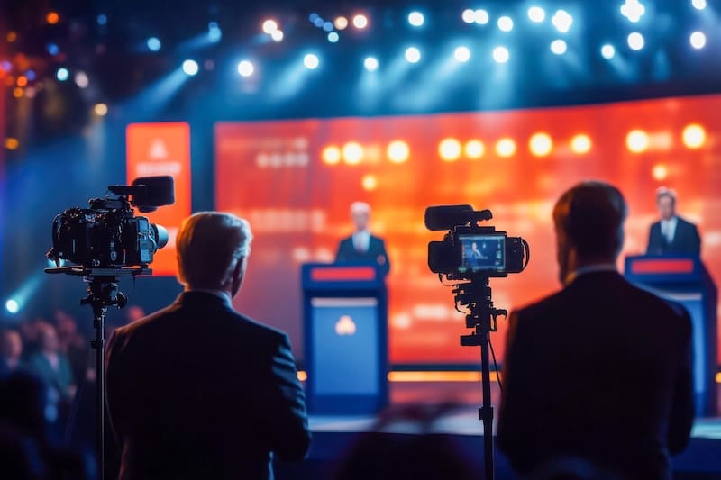 Two camera operators film a live debate between candidates standing at podiums on a brightly lit stage, with an audience visible in the background and colorful lights overhead.