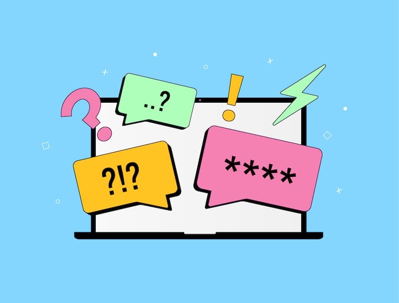 A laptop screen displays colorful speech bubbles with symbols: a question mark, exclamation point, ellipsis, asterisk symbols, and a lightning bolt, representing online communication or confusion.
