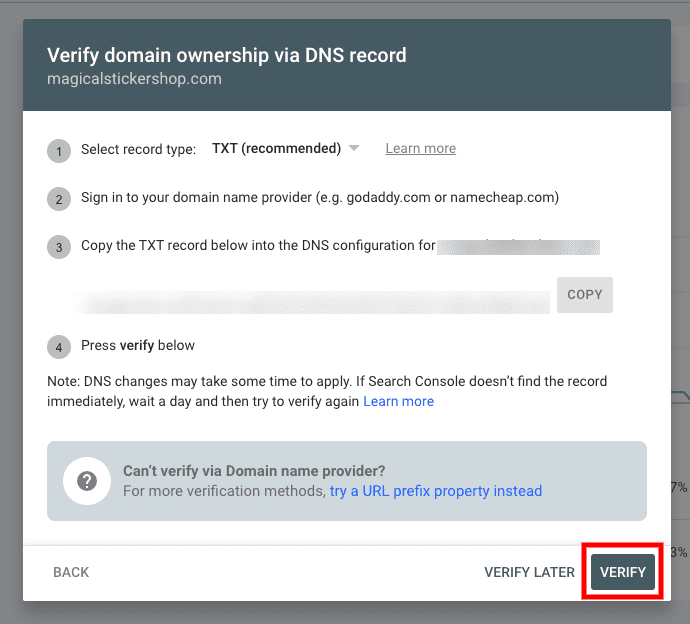 A website interface guiding users to verify domain ownership via DNS record, showing step-by-step instructions and highlighting the "VERIFY" button in the lower right corner.