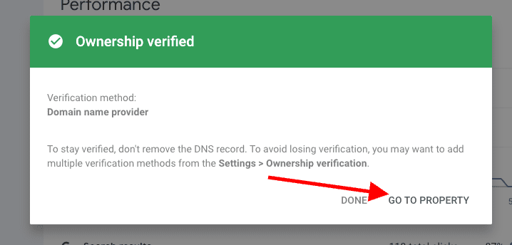 A confirmation dialog with a green header reads "Ownership verified." It shows the verification method as "Domain name provider" and has buttons labeled "DONE" and "GO TO PROPERTY," with a red arrow pointing to "GO TO PROPERTY.
