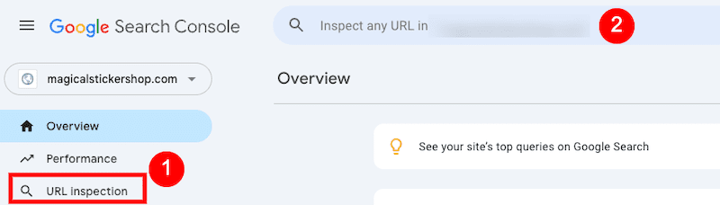 Screenshot of Google Search Console showing the sidebar with “URL Inspection” highlighted and a search bar at the top labeled "Inspect any URL in..." with "magicalstickershop.com" selected.
