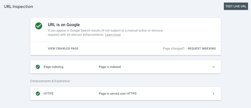 Screenshot of the Google Search Console URL Inspection tool showing that the URL is on Google, page is indexed, and served over HTTPS. There are options to view crawled page, request indexing, and test live URL.