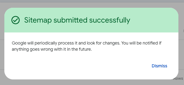 A notification box with a green checkmark and the message "Sitemap submitted successfully." Below, it says Google will check the sitemap for changes and notify of future issues. There is a "Dismiss" link in the bottom right corner.