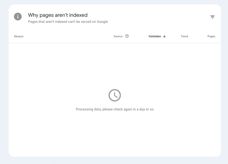 Screenshot of a Google Search Console page showing “Why pages aren’t indexed.” The main area shows a loading icon with the message: “Processing data, please check again in a day or so.”.
