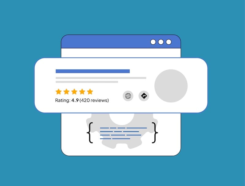 Illustration of a web browser window displaying a user review with a 5-star rating, a score of 4.9 from 420 reviews, and icons for globe and settings on a blue background.