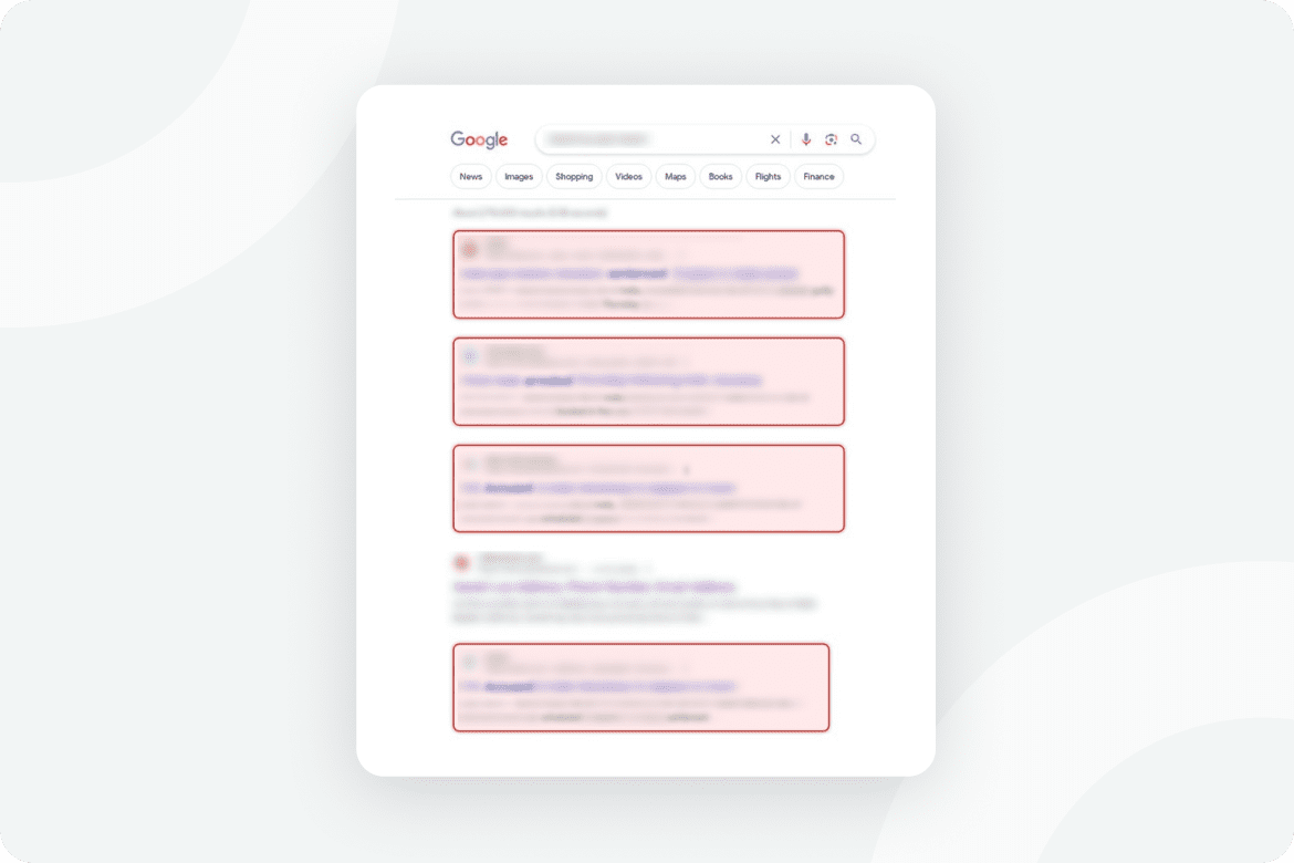 A blurred screenshot of Google search results, with five search result snippets highlighted by red rectangles. The Google search bar and category tabs are visible at the top.