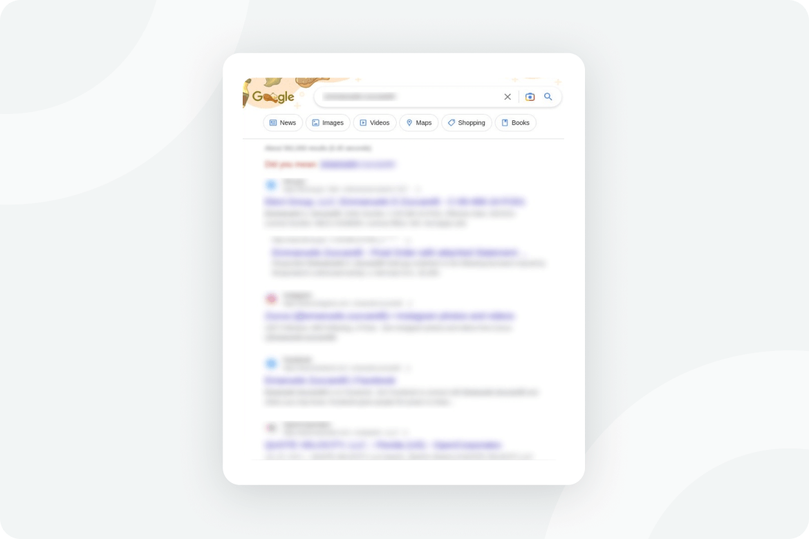 A blurred screenshot of a Google search results page, with tabs for News, Images, Videos, Maps, Shopping, and Books visible at the top. The search results and content are unreadable.