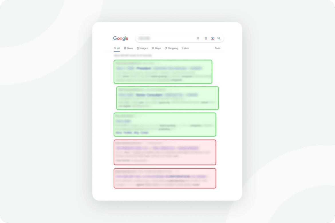 Screenshot of a Google search results page with several results highlighted in green and others in red, indicating a comparison or categorization of the search listings. The content is blurred and unreadable.