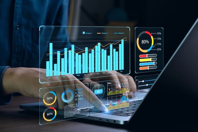 Businessman works on laptop Showing business analytics dashboard with charts, metrics, and KPI to analyze performance and create insight reports for operations management.